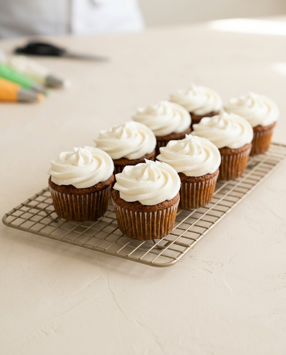 Carrot Cake Cupcakes with Cream Cheese Frosting 12 Freshly baked Carrot Cake Cupcakes with Cream Cheese Frosting arranged on a marble platter