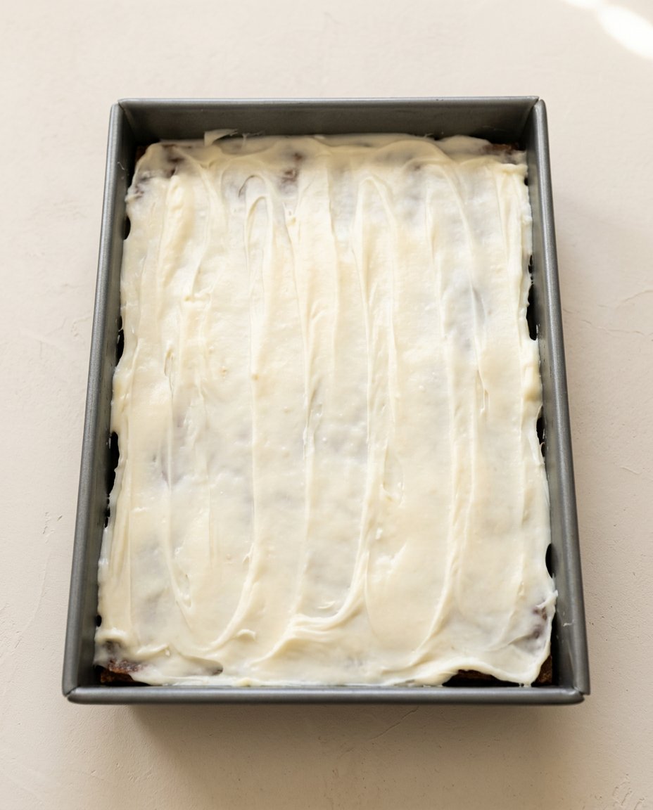 Zucchini Cake with Applesauce 12 A close up of a zucchini cake with applesauce slice showing the dense, spiced crumb and smooth brown butter cream cheese frosting.