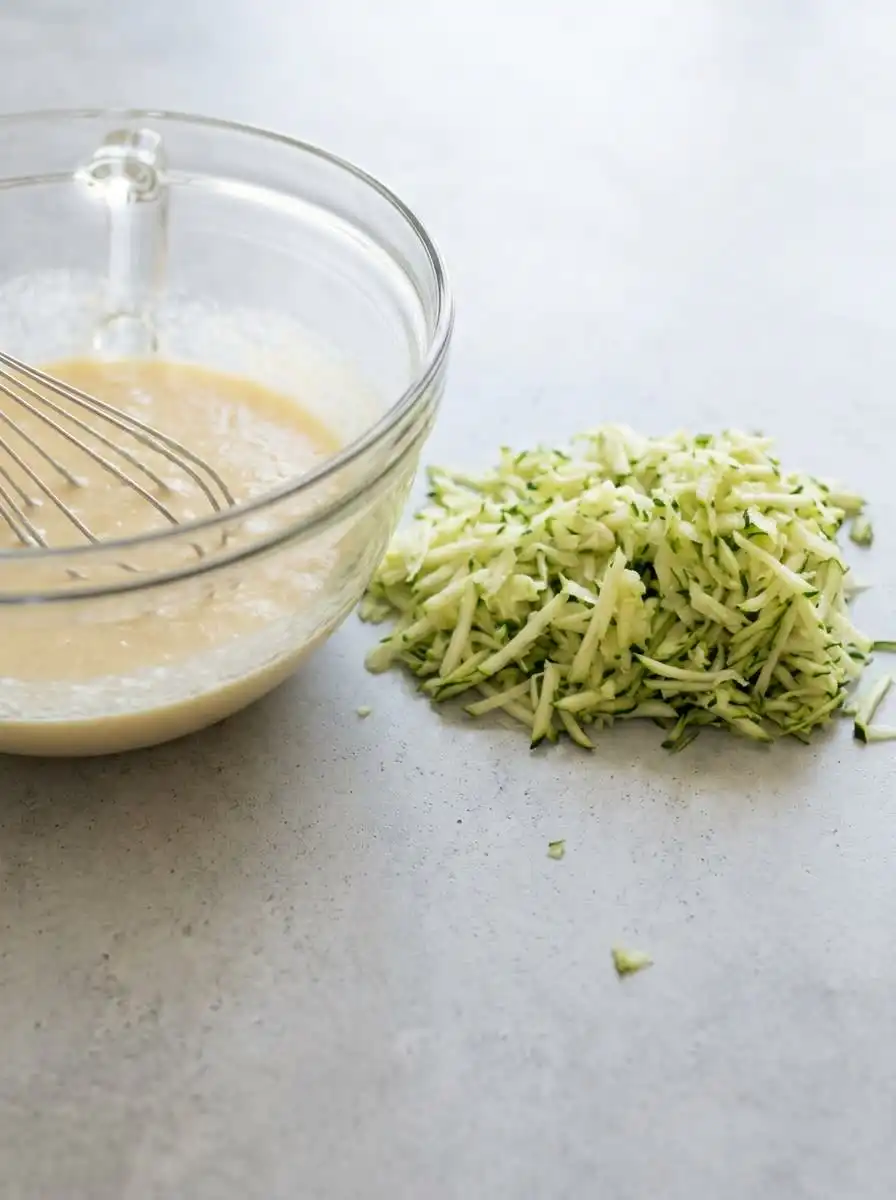 A golden zucchini cake with Greek yogurt resting in a metal loaf pan