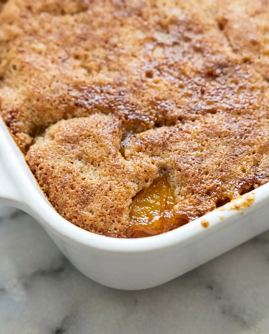Old-Fashioned Peach Cake 12 Freshly baked Old-Fashioned Peach Cake showing a golden craggy crust and bubbling peach edges