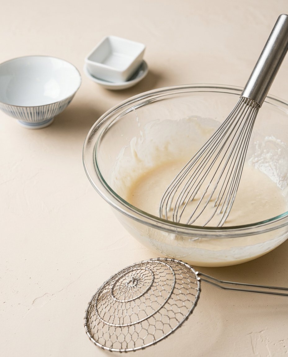 Pantry ingredients for making pancake mix funnel cake arranged on a rustic wooden table.