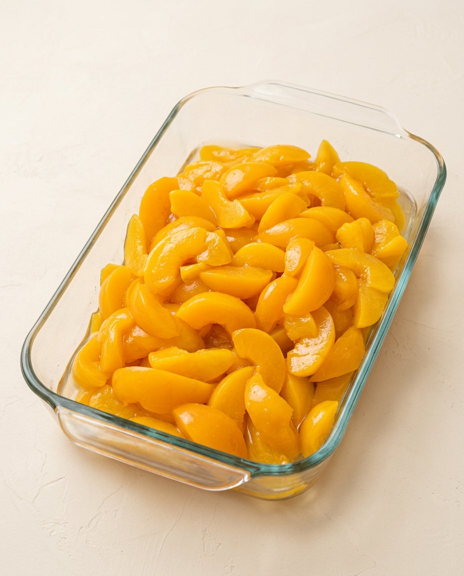 Canned peaches, yellow cake mix, and ground cinnamon prepared for a Cinnamon Canned Peach Dump Cake.