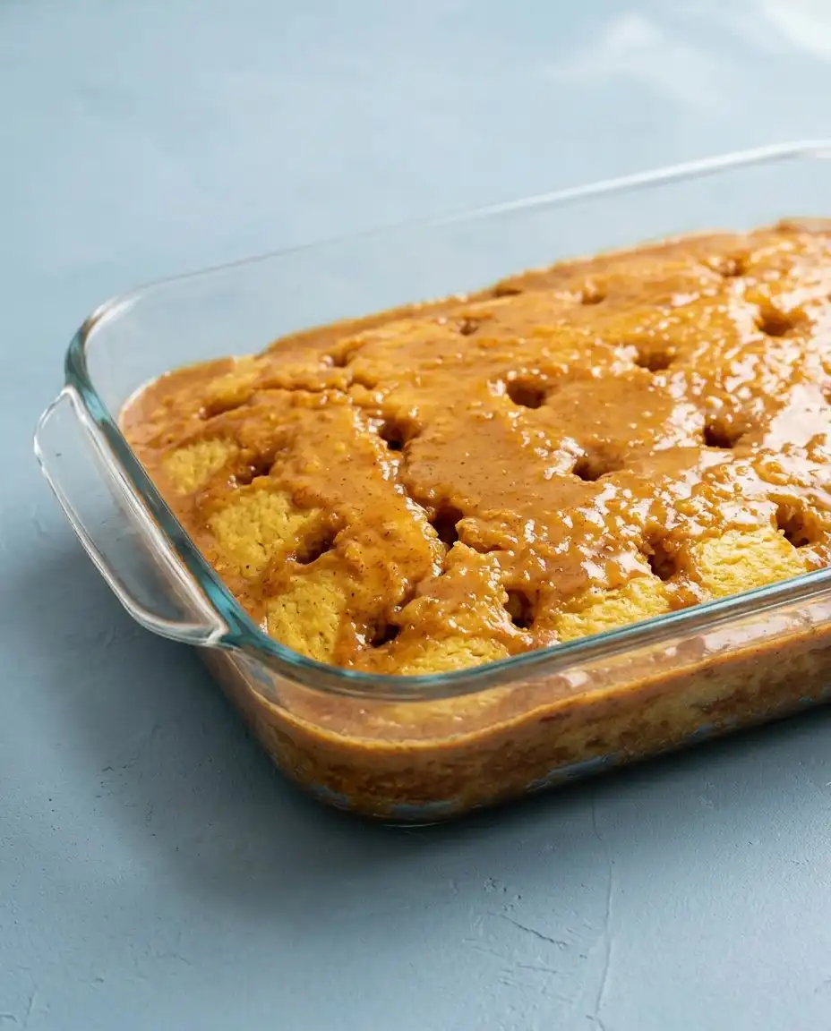 Classic Pumpkin Dump Cake 14 Measuring cups and ingredients for Classic Pumpkin Dump Cake arranged on a wooden kitchen table.
