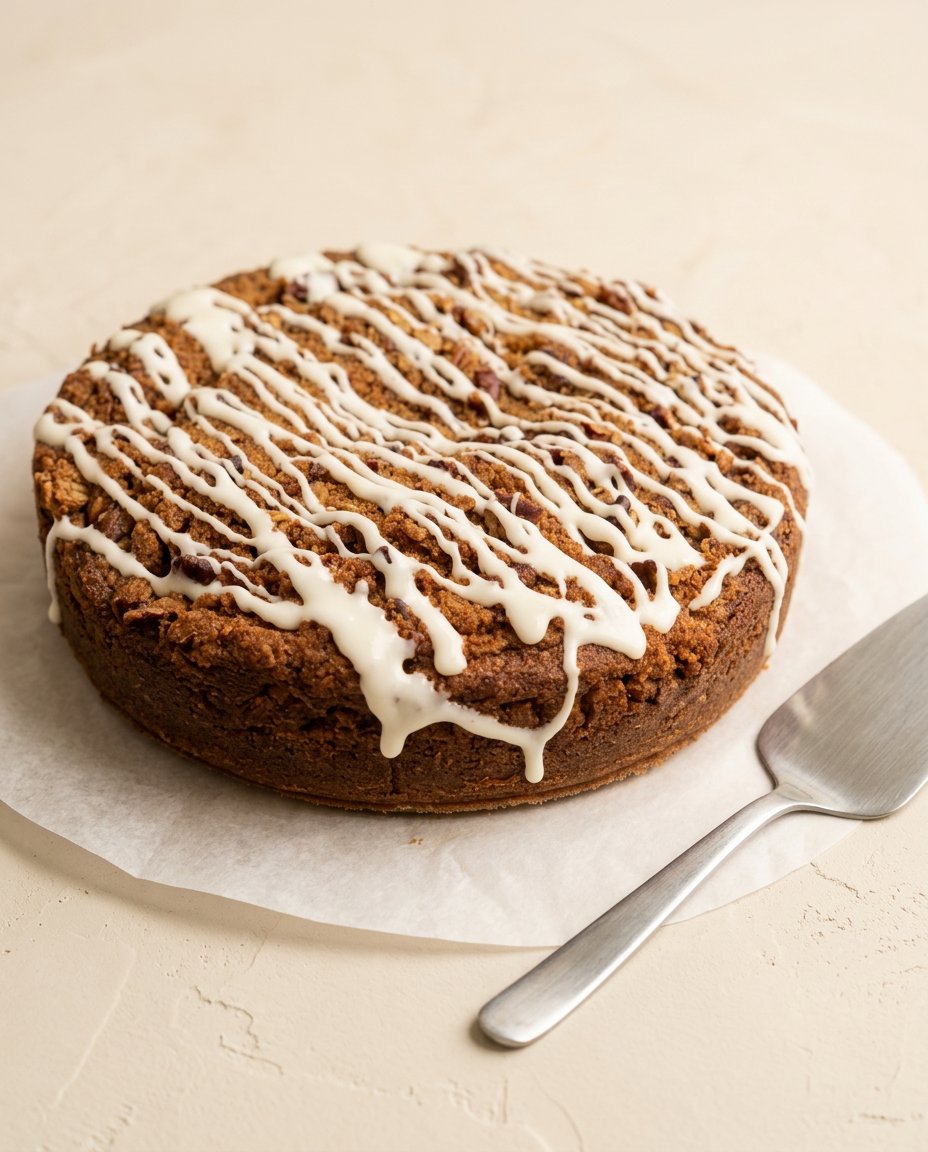 Pecan Streusel Coffee Cake 12 A golden brown Pecan Streusel Coffee Cake sits beautifully in its pan on a wire rack.