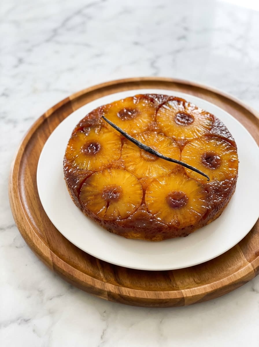 Pineapple Upside-Down Cake 16 A single slice of Pineapple Upside-Down Cake served with a dollop of fresh cream on a plate