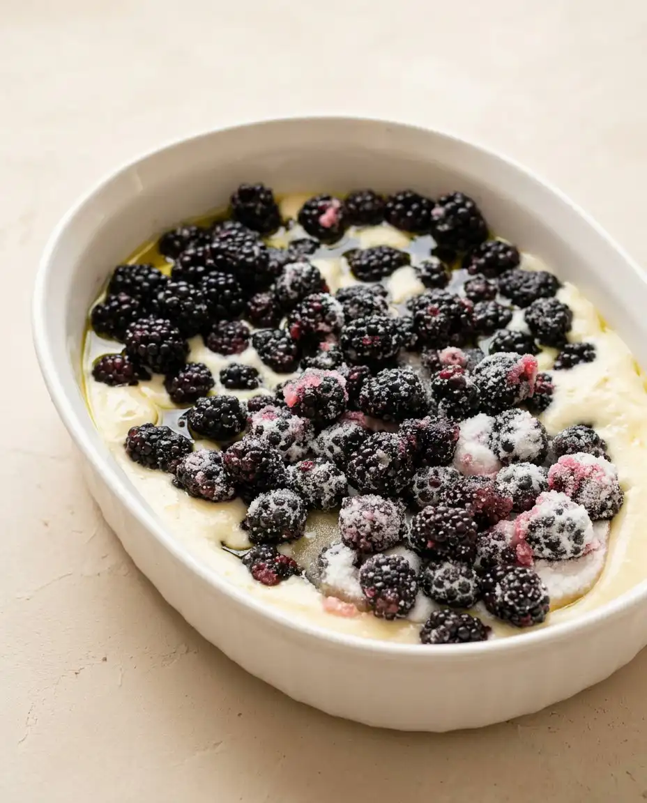 A close-up shot of the crispy golden crust of a Blackberry Cobbler Dump Cake.