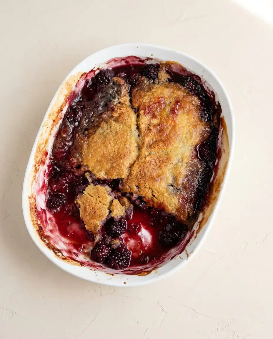 A plated serving of Blackberry Cobbler Dump Cake topped with a melting scoop of vanilla ice cream.
