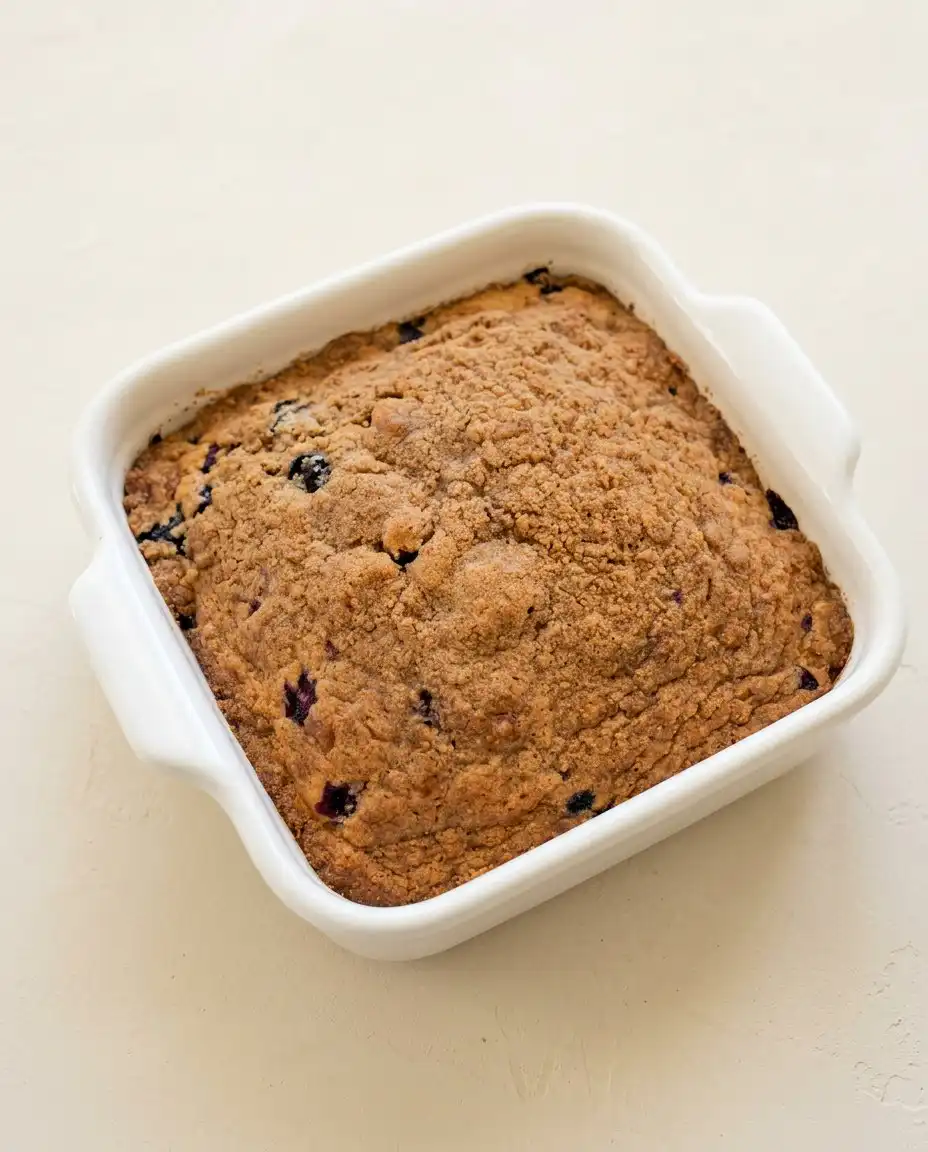 Classic Blueberry Coffee Cake 16 A warm slice of Classic Blueberry Coffee Cake plated neatly on a rustic plate next to a steaming mug of tea.