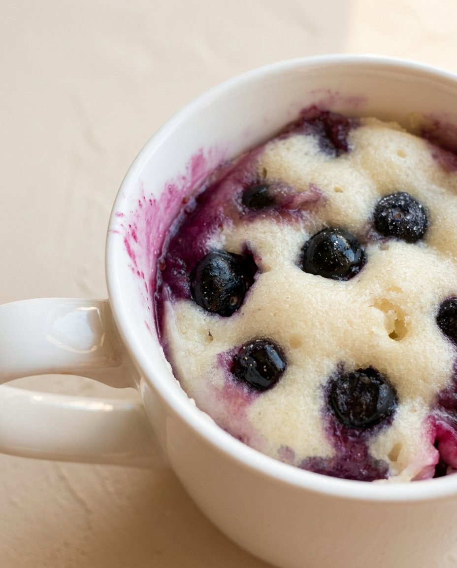 Easy Blueberry Mug Cake 16 An Easy Blueberry Mug Cake dusted with powdered sugar and served on an elegant saucer.
