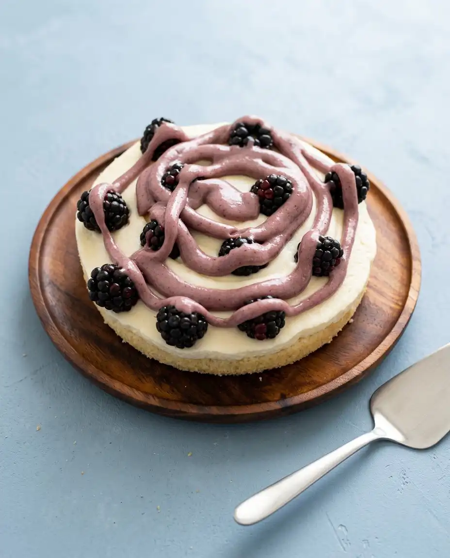 A single plated slice of Blackberry Vanilla Cake served alongside a cup of hot black tea.