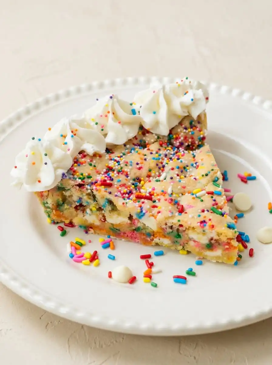A plated slice of Funfetti Birthday Cookie Cake served alongside a scoop of vanilla bean ice cream.