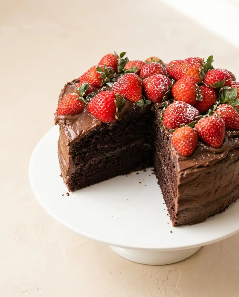 A clean slice of Hershey's Perfectly Chocolate Cake served with whipped cream and fresh raspberries.