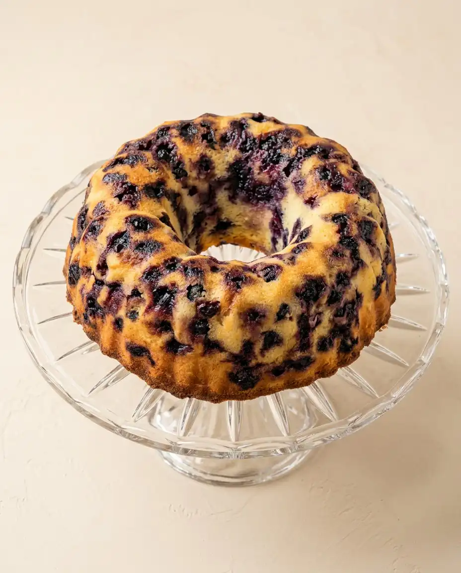 Lemon Blueberry Bundt Cake with Lemon Glaze 16 A plated slice of Lemon Blueberry Bundt Cake with Lemon Glaze served with fresh cream.