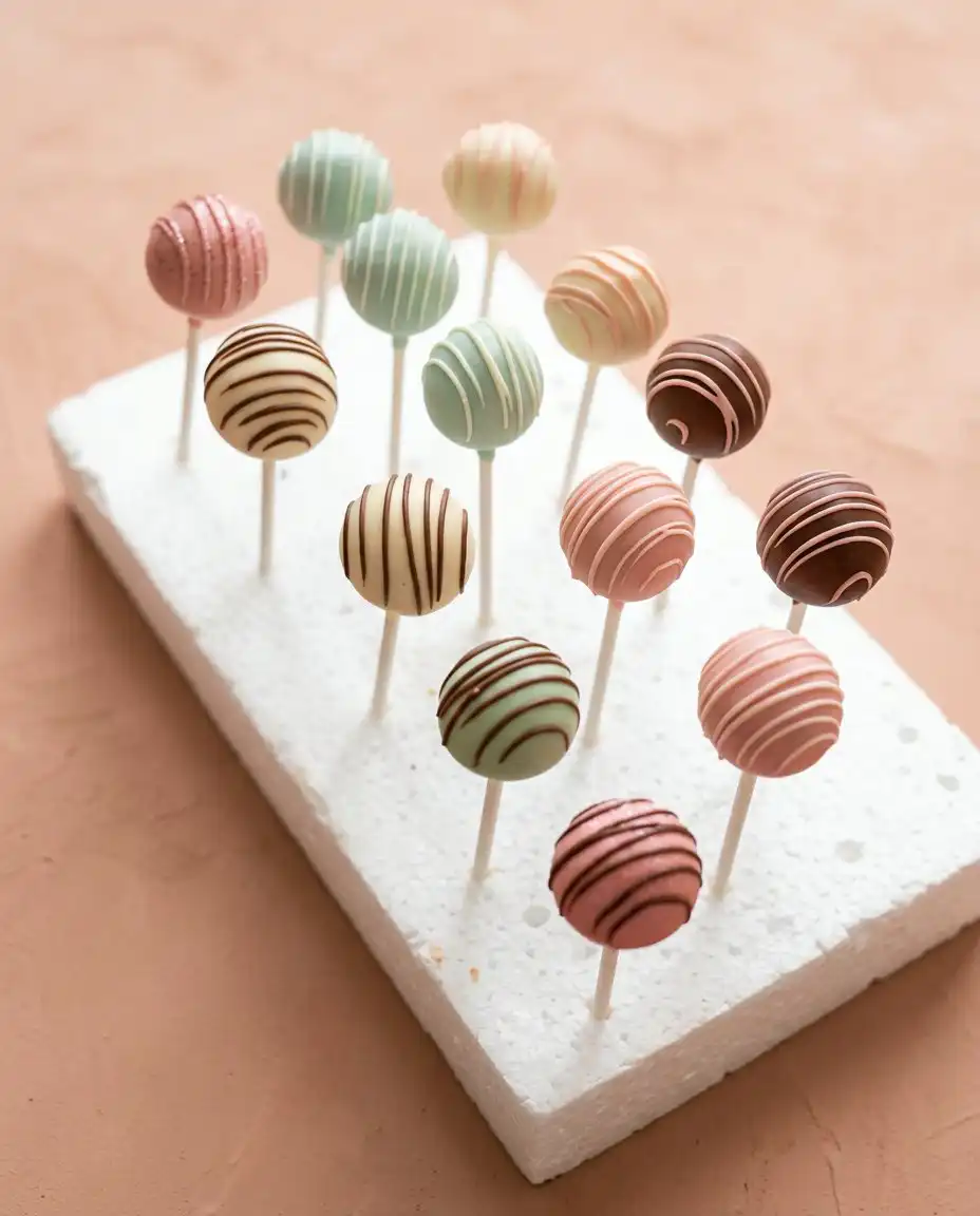 A beautiful vertical display of Classic Vanilla Cake Pops on a dessert table next to cake slices