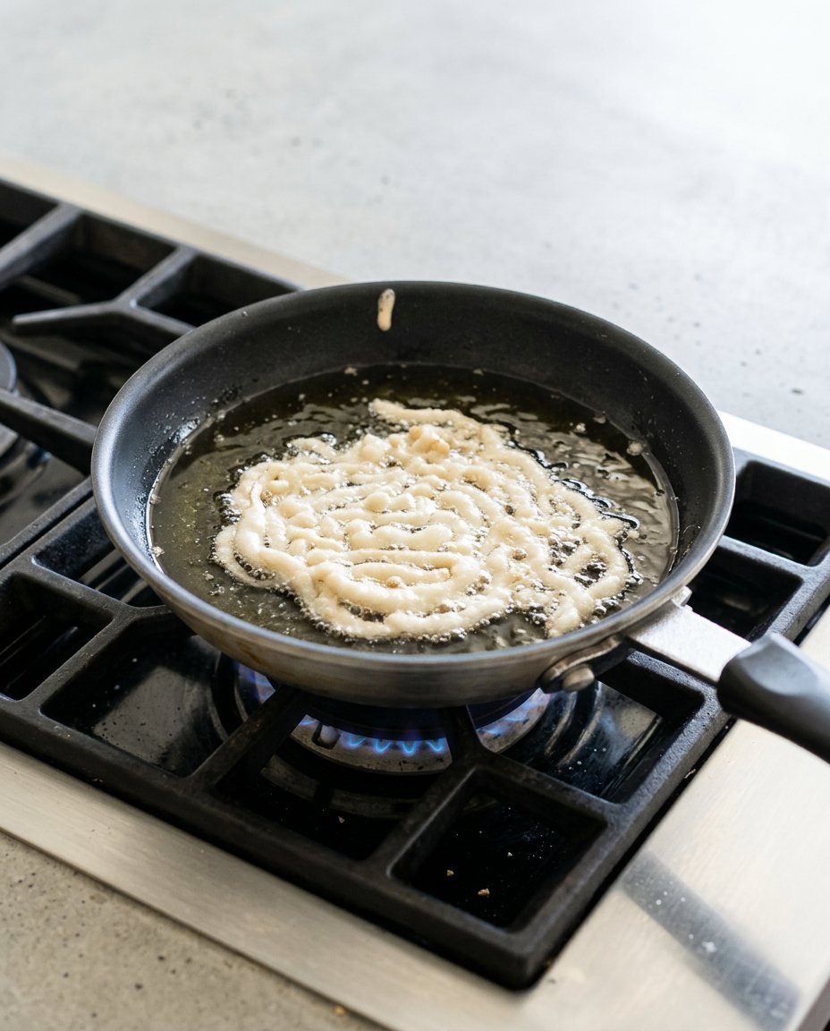 Pouring sweet pancake mix funnel cake batter into a hot cast iron skillet.