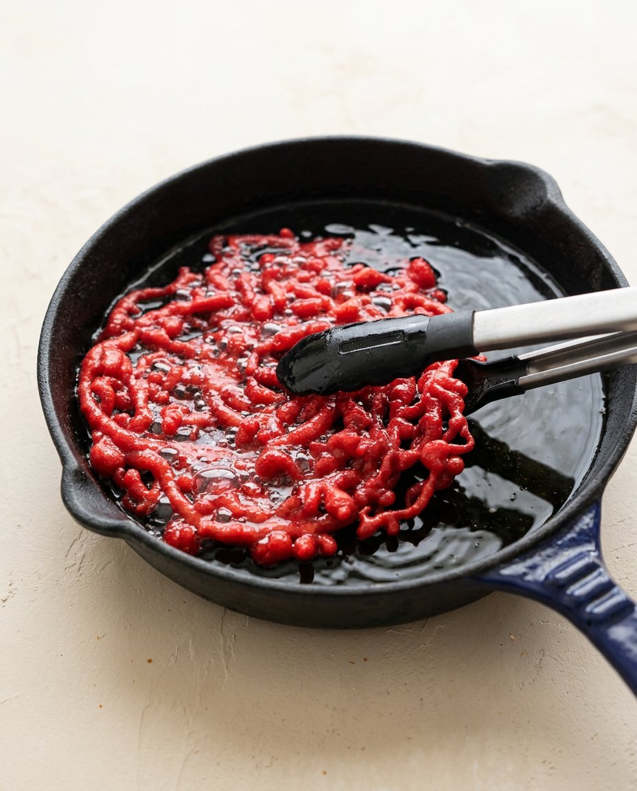 A squeeze bottle pouring red velvet funnel cake batter into hot oil in a skillet