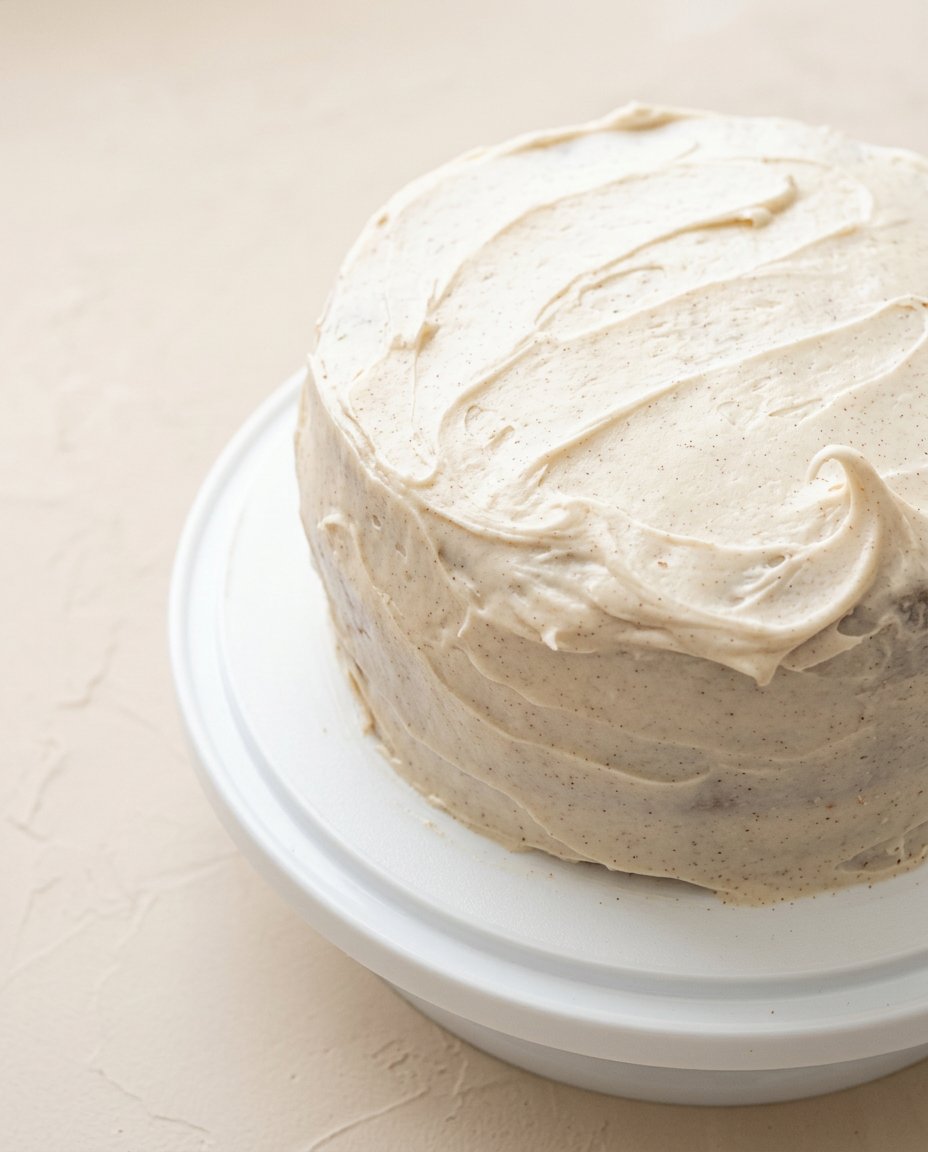 Pumpkin Spice Layer Cake with Cinnamon Cream Cheese Frosting 12 An elegant slice of Pumpkin Spice Layer Cake with Cinnamon Cream Cheese Frosting displayed on a glass cake stand.