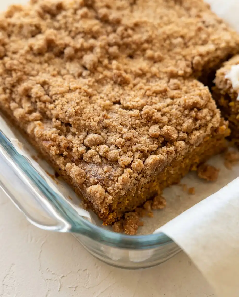 Pumpkin Streusel Coffee Cake 12 A golden Pumpkin Streusel Coffee Cake topped with a rustic brown sugar crumble and sliced pecans in a baking pan.