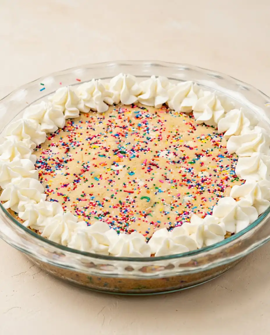 Rainbow Sprinkle Cookie Cake 16 A slice of Rainbow Sprinkle Cookie Cake served on a vintage china plate with vanilla ice cream.