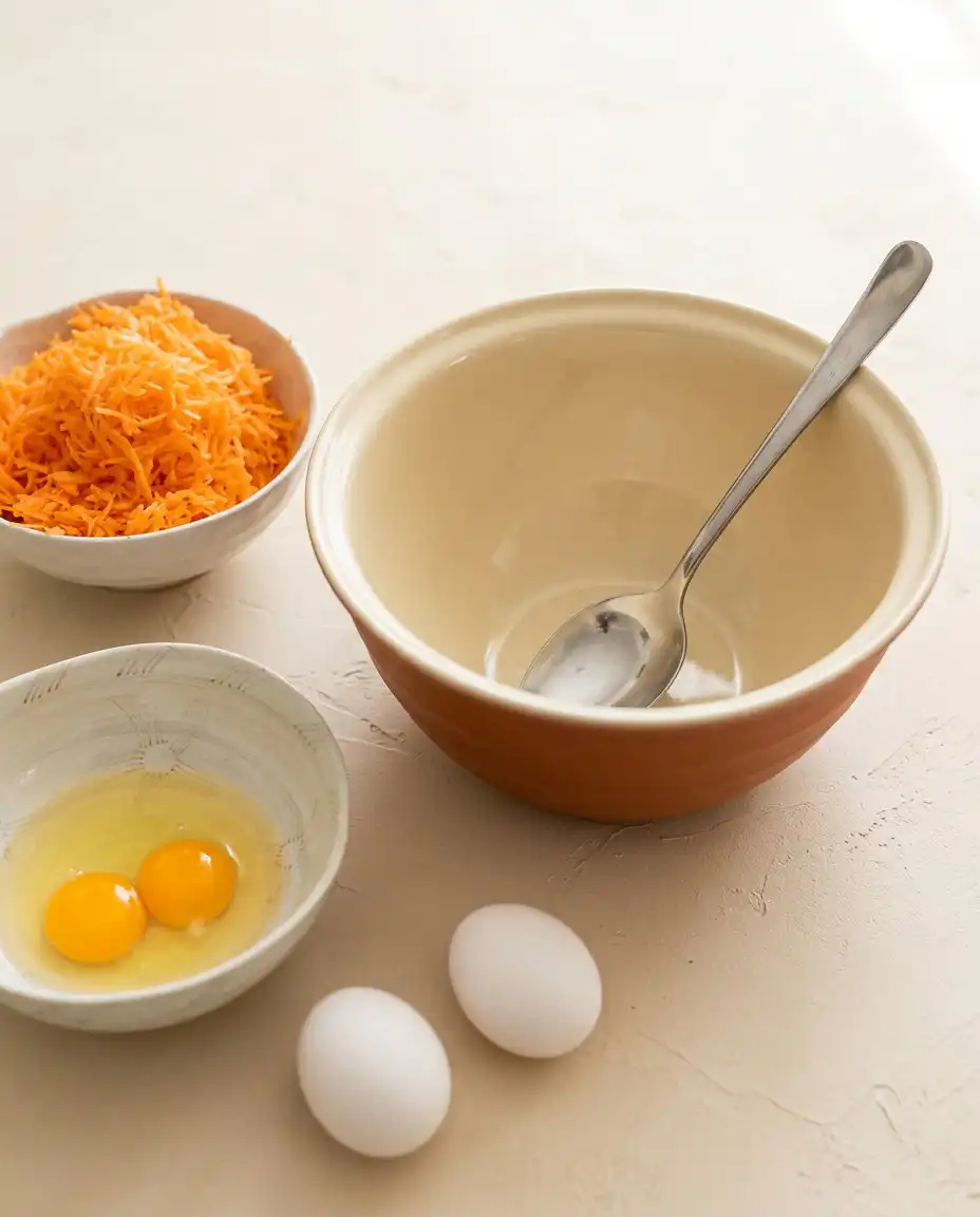 Fresh raw ingredients for baking a Marzipan Carrot Topped Cake arranged neatly on a kitchen counter.
