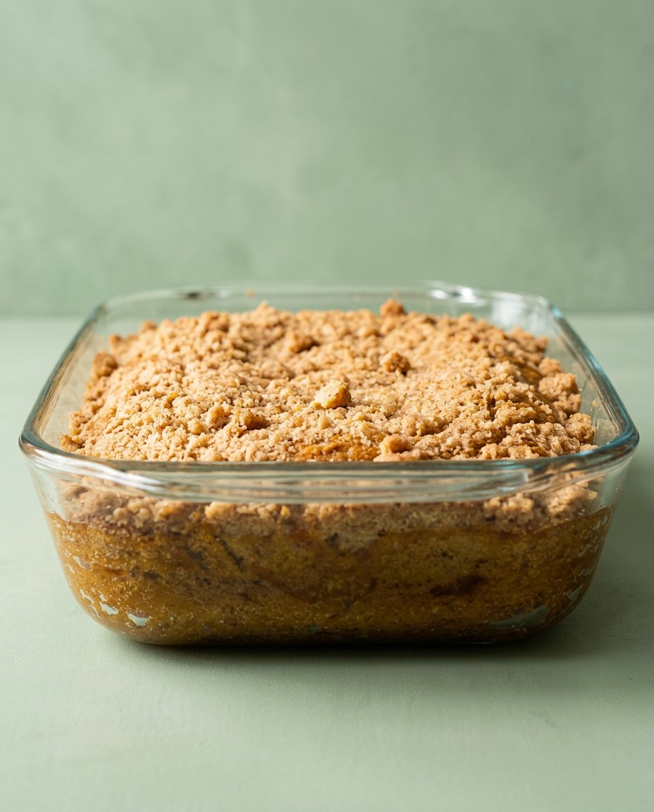 The raw ingredients for a homemade pumpkin dump cake recipe arranged neatly on a dark wooden countertop.