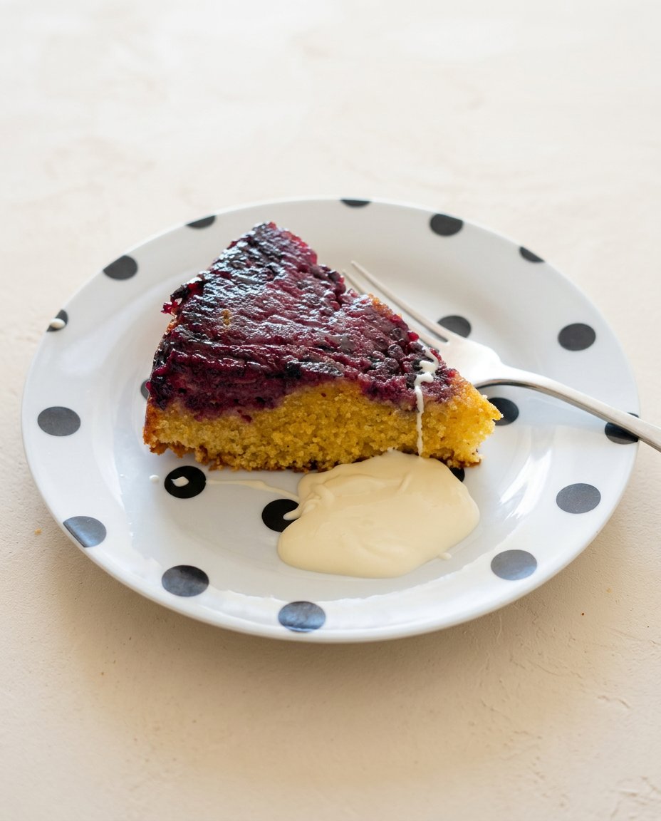 Blackberry Upside Down Cake 12 A golden brown Blackberry Upside Down Cake flipped onto a clean white serving plate.