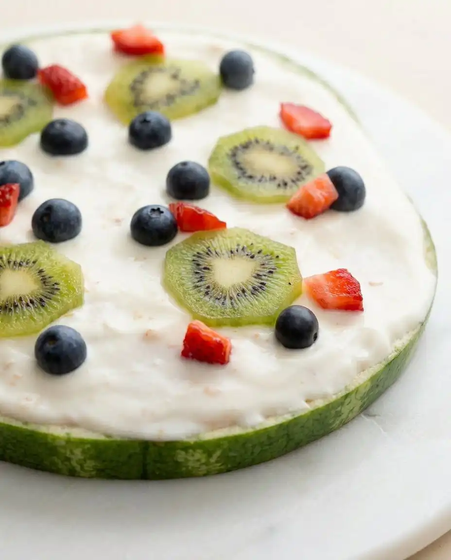 Watermelon Pizza Cake 16 Plating a beautiful slice of Watermelon Pizza Cake topped with fresh berries and honey glaze.