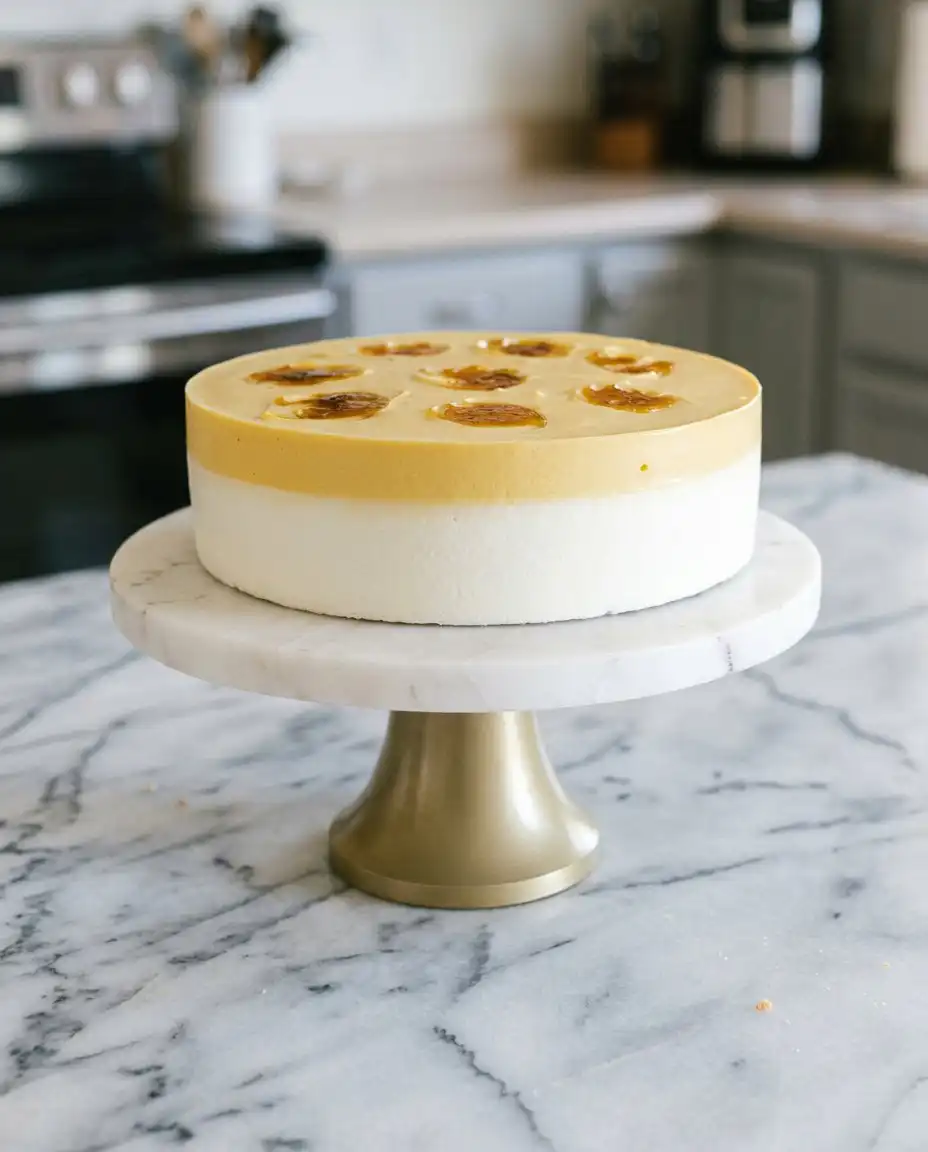 A single slice of Classic Mango Mousse Cake served on a delicate vintage plate with a silver fork