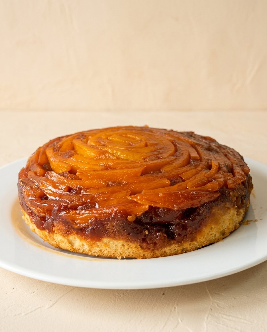 A hand serving a slice of Mango Upside Down Cake with whipped cream.
