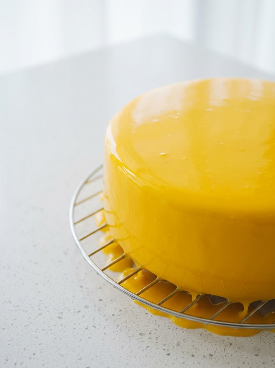 A slice of Mango Passion Fruit Mousse Cake on a vintage glass pedestal stand.
