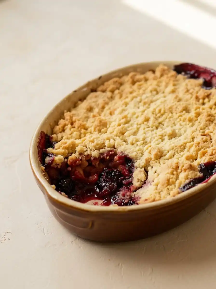 A slice of warm Blackberry Apple Dump Cake served with a scoop of vanilla ice cream