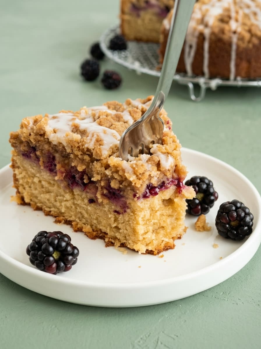 Blackberry Coffee Cake 16 A slice of Blackberry Coffee Cake served on a vintage plate with a light drizzle of sweet glaze.