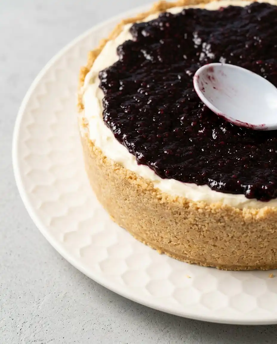 Blackberry Cream Cheese Cake 16 Serving a slice of cold Blackberry Cream Cheese Cake on a sunny porch with iced tea.