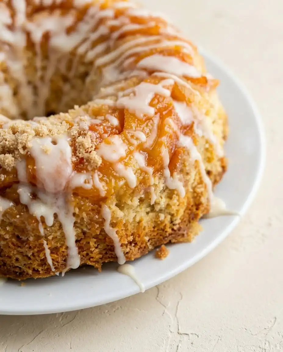 Buttery Peach Cobbler Pound Cake 16 A slice of buttery peach cobbler pound cake served with a dollop of fresh cream and coffee.