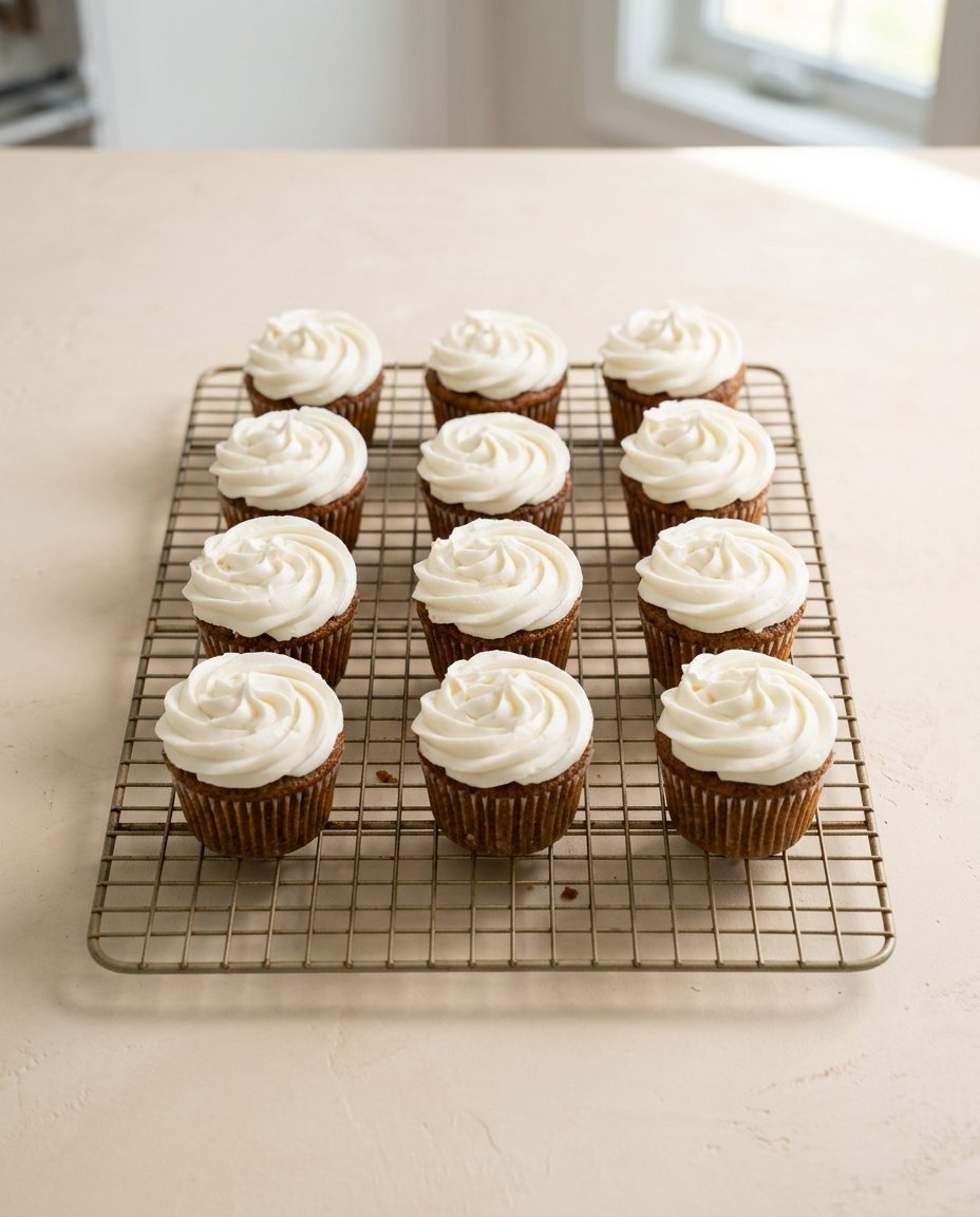 Carrot Cake Cupcakes with Cream Cheese Frosting 16 A beautiful display of Carrot Cake Cupcakes with Cream Cheese Frosting on a wooden pedestal