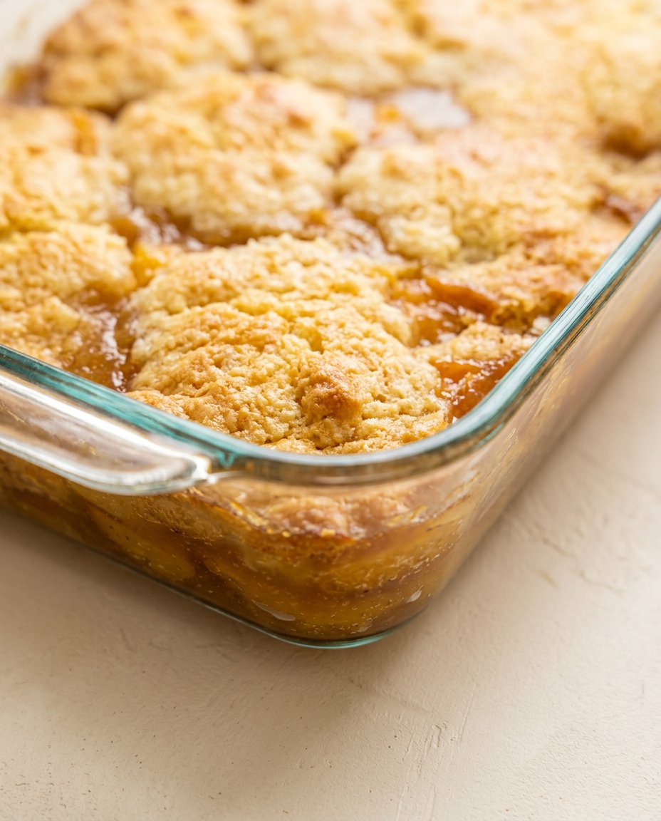 A portion of warm Cinnamon Canned Peach Dump Cake served in a porcelain bowl with melting cream.