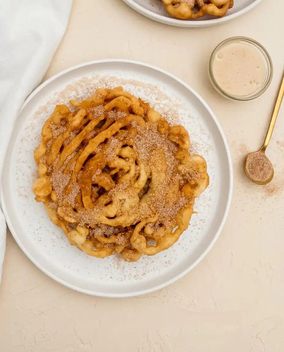 A platter of cinnamon sugar funnel cake bites served alongside a warm cup of coffee
