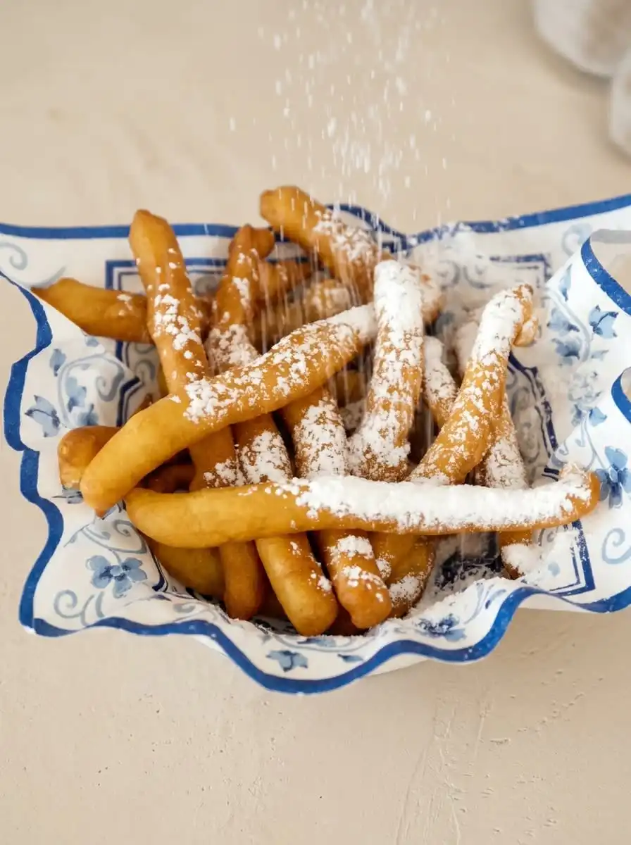 A plate of Cinnamon Sugar Funnel Cake Fries served with a small dish of warm caramel sauce