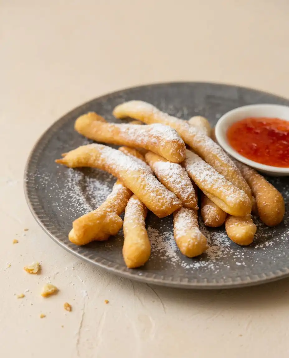 A beautiful platter of Classic Funnel Cake Fries served with rich chocolate dipping sauce