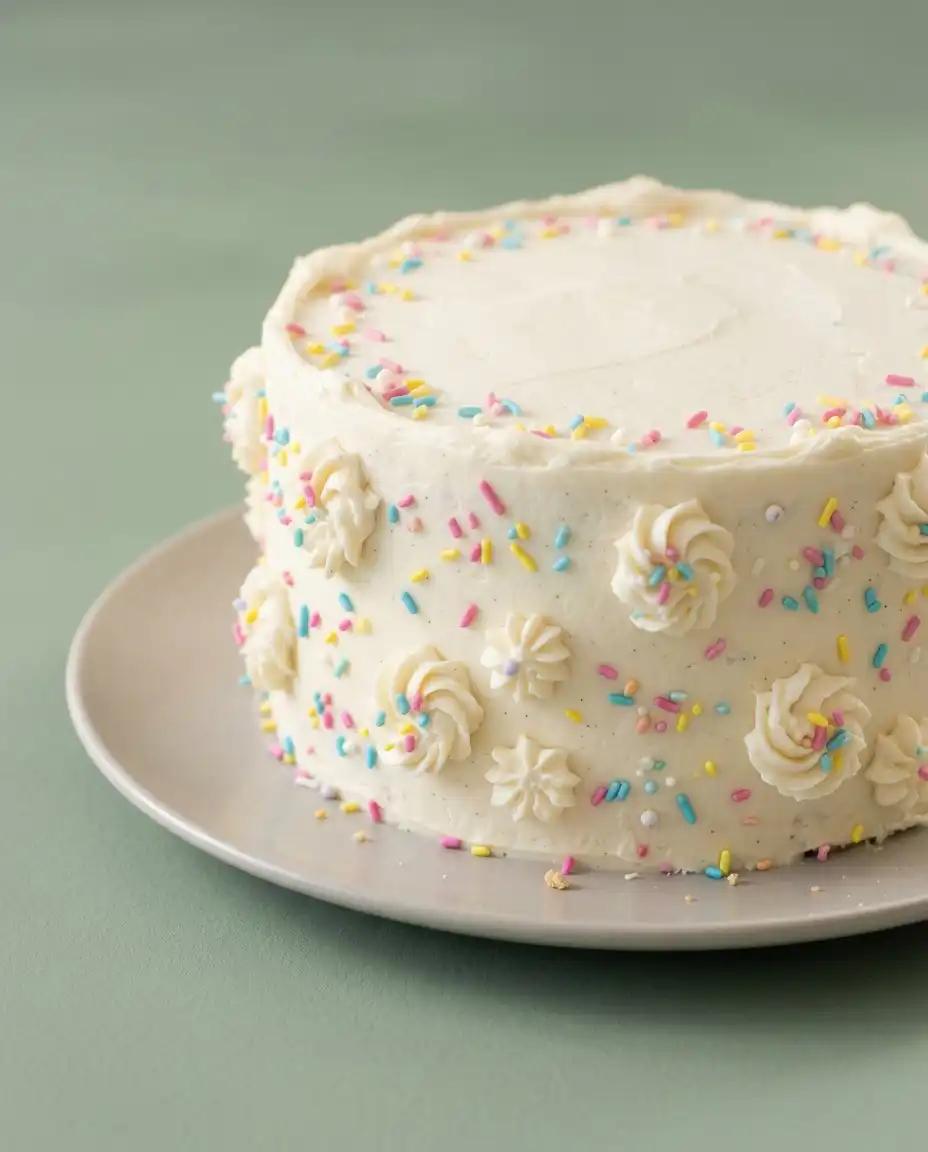 The completed Classic Vanilla Layer Cake standing tall on a glass pedestal stand.