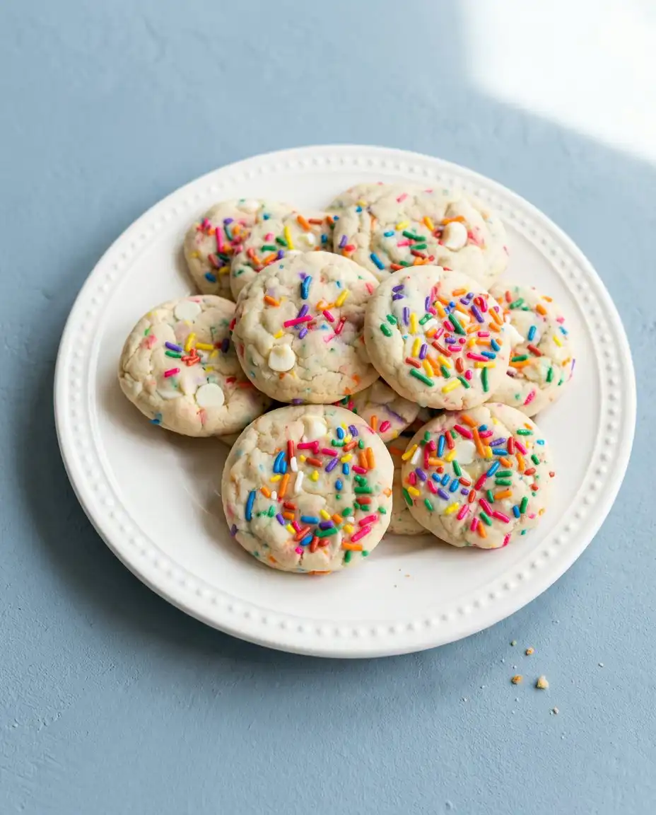 Two Funfetti Cake Mix Cookies stacked next to a tall glass of cold milk.
