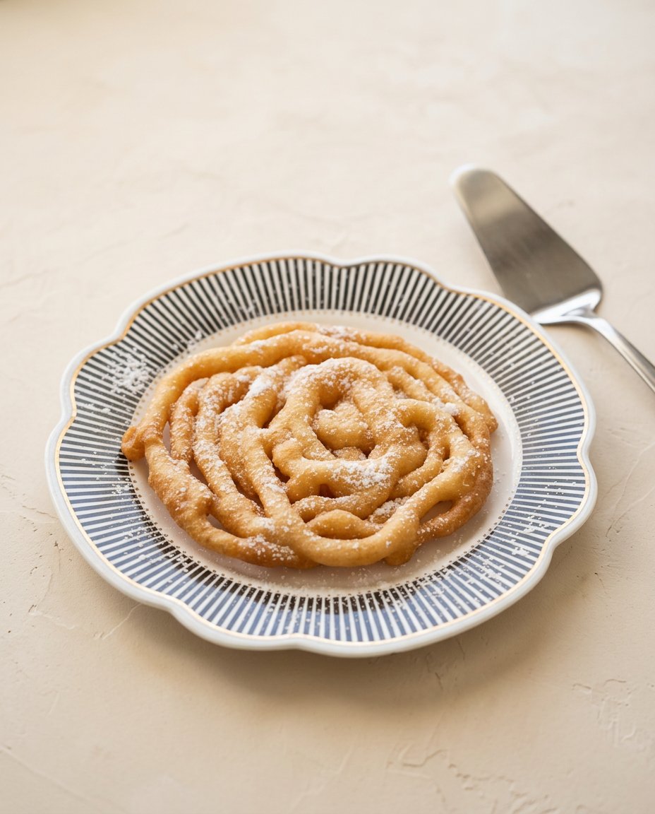 Plated pancake mix funnel cake served warm next to a steaming mug of hot coffee.