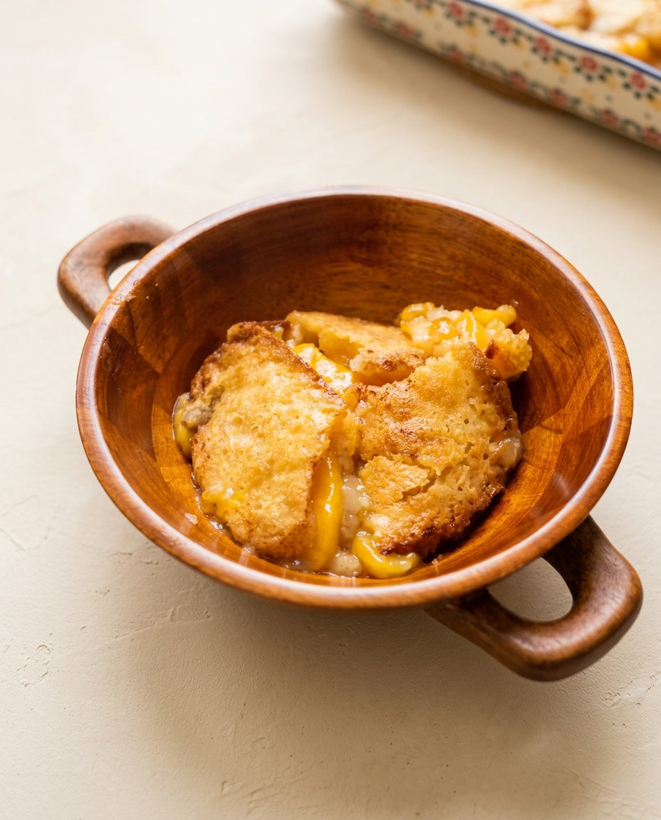 A square slice of Peach Cobbler Sheet Cake served on a vintage plate with a scoop of vanilla ice cream