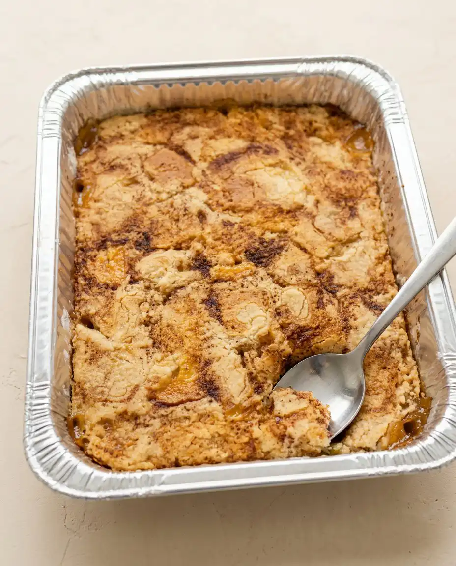Peach Cobbler with White Cake Mix 16 A warm scoop of Peach Cobbler with White Cake Mix topped with melting vanilla ice cream.
