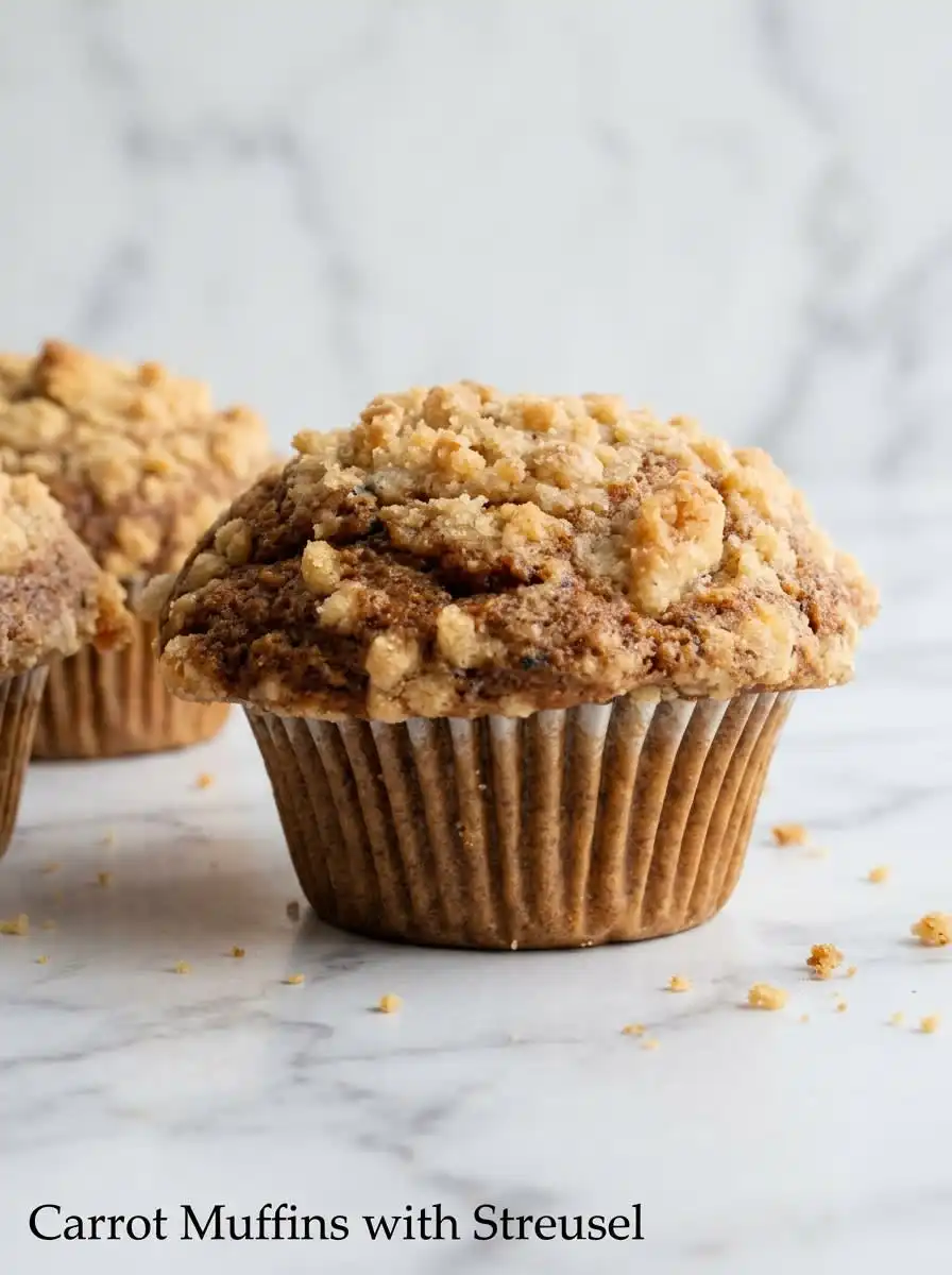 Carrot Cake Muffins with Streusel Topping 16 A plate of Carrot Cake Muffins with Streusel Topping next to a white teacup.