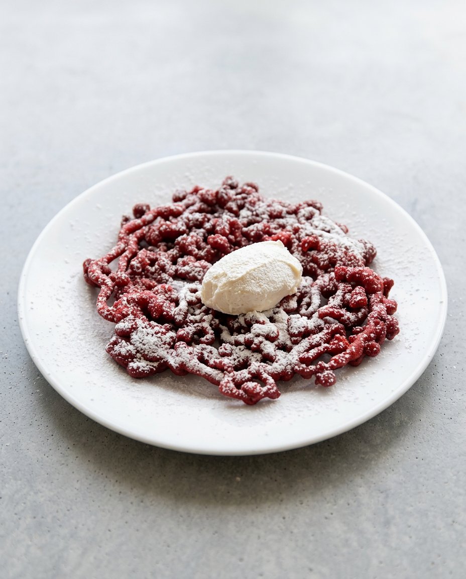 A serving of red velvet funnel cake decorated with a cream cheese drizzle and fresh berries