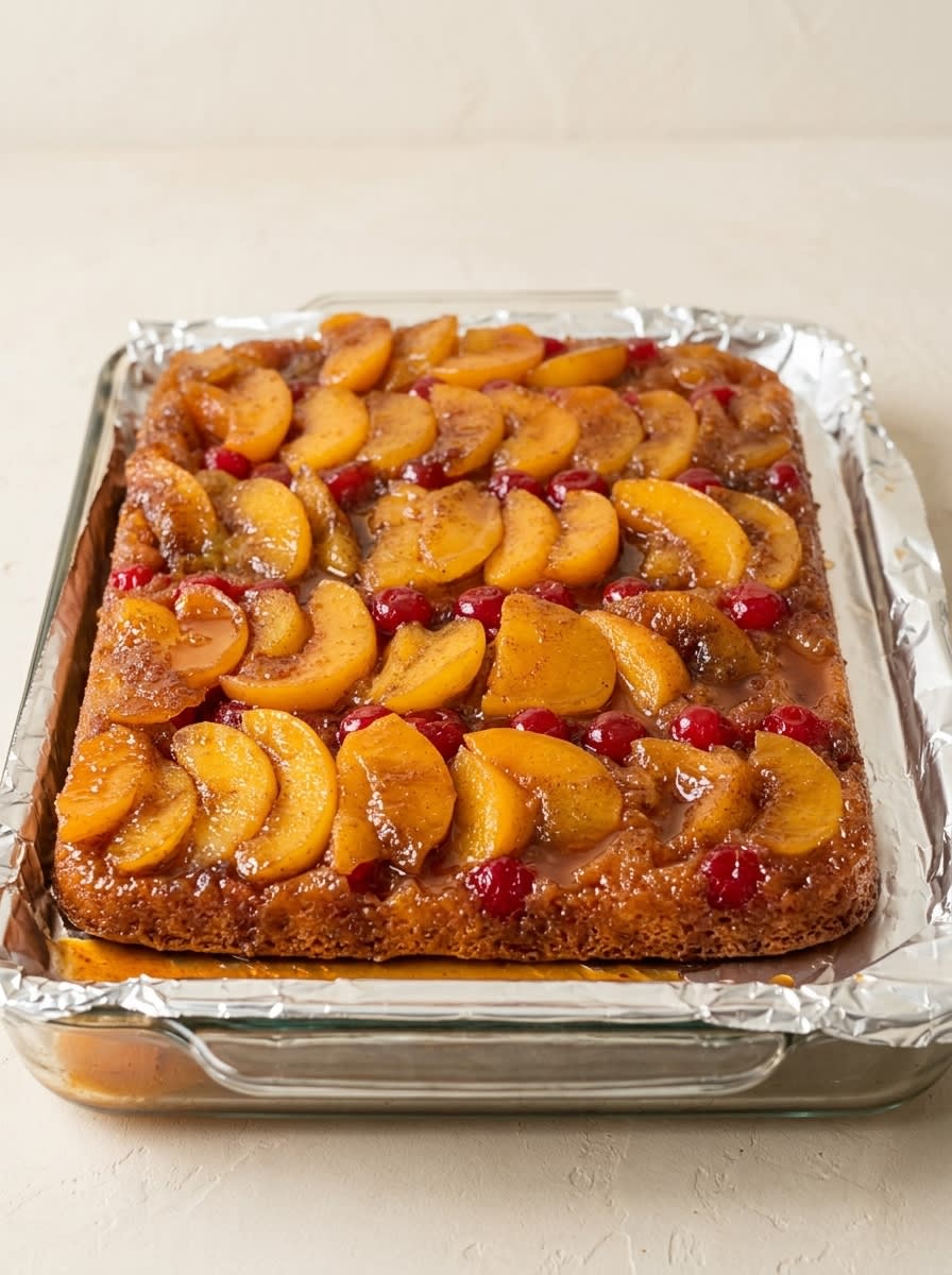 A single warm slice of peach upside down cake served on vintage plate with cream
