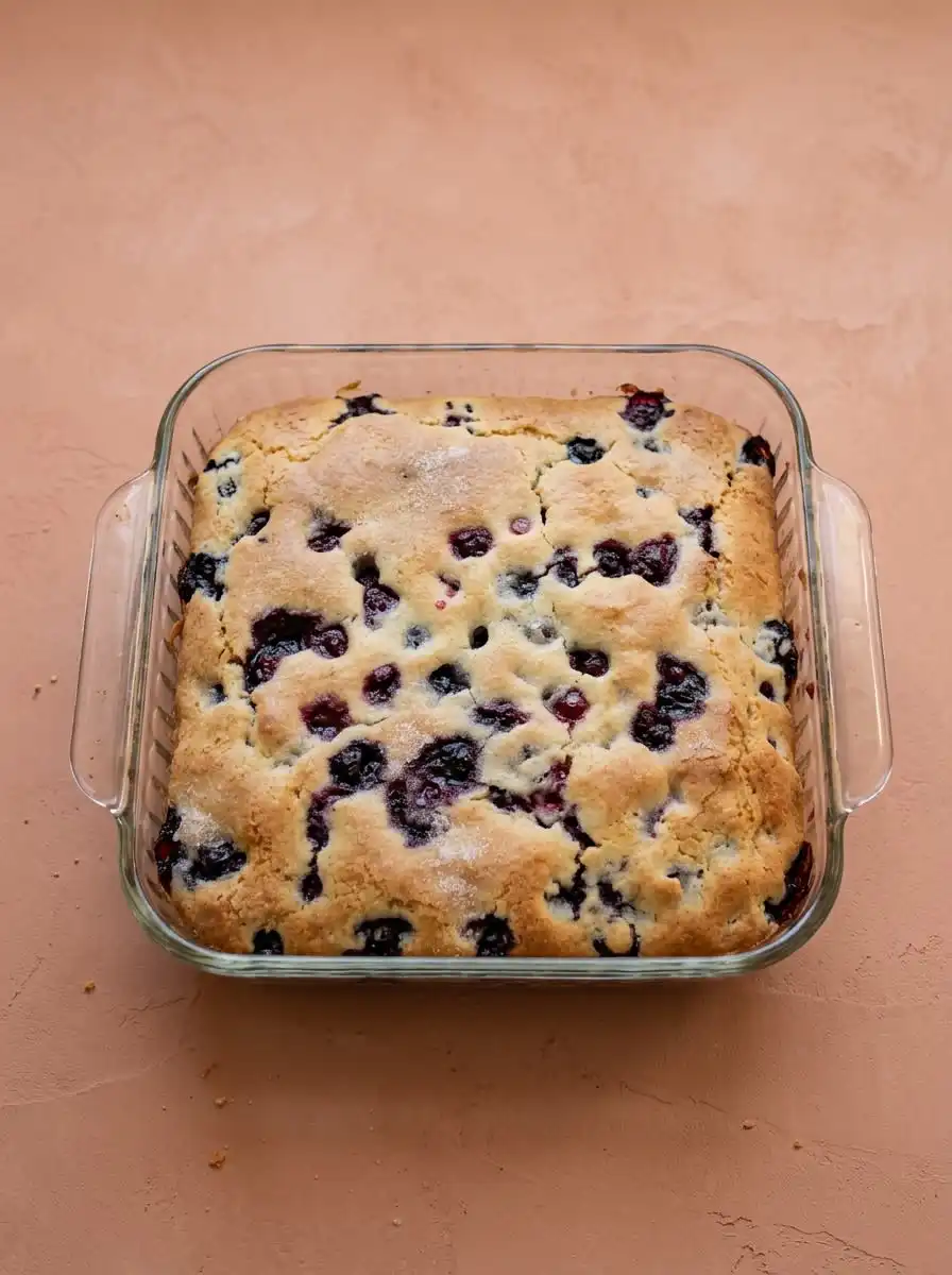 Blueberry Buttermilk Breakfast Cake served on a wooden board next to a cup of hot coffee.