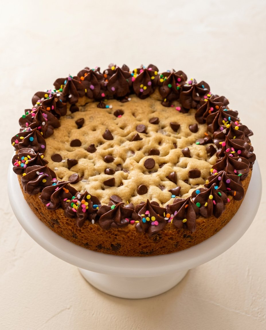 A wedge of Brown Butter Chocolate Chip Cookie Cake served on a beautiful vintage plate with chocolate frosting.
