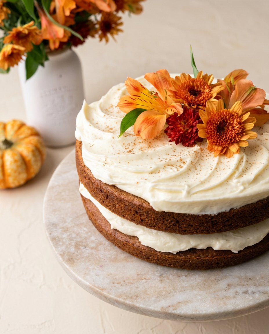 Slicing a beautiful Brown Butter Pumpkin Cake with a sharp knife on a wooden cake stand.